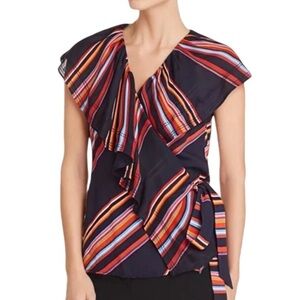 Tory Burch | Adelia Wrap Top Red and Blue Ruffled Shoulder Tie Side Blouse